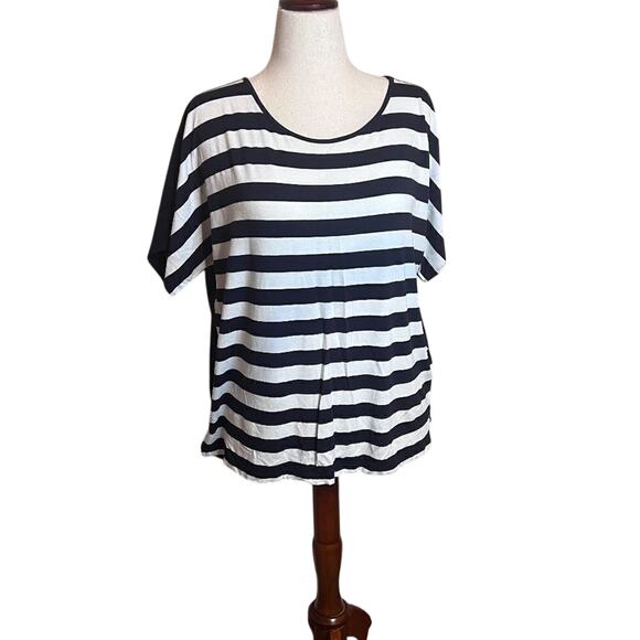 Chico's knit top navy solid back navy & white striped front loose fit  Sz 1 US M - Picture 1 of 7